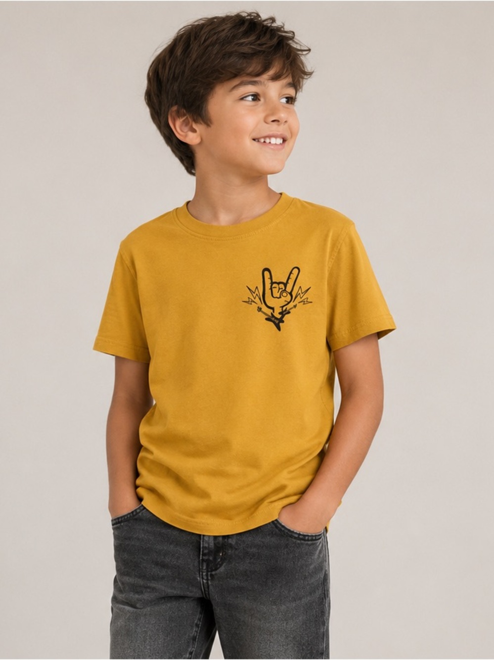 Zara Boys Graphic Tee Size 8/9 Mustard Yellow Rock Hand Cotton Shirt